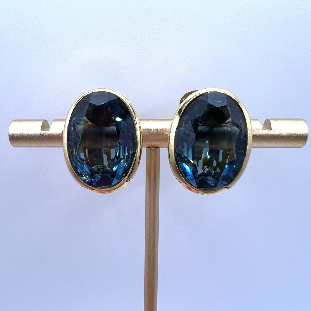 Christian Dior Earrings London Blue Open Bezel Crystal Oval Gold Plated Clip Vtg